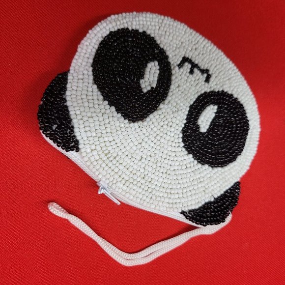 Vintage Coin Purse Panda Bear Beaded Black & White Silk Lined - Picture 11 of 11